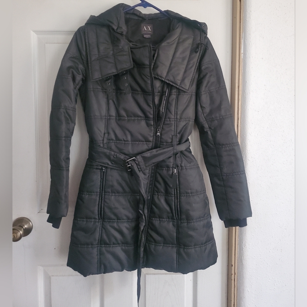 A/X Armani Exchange Black Quilted Hooded Belted Puffer Coat,size XS